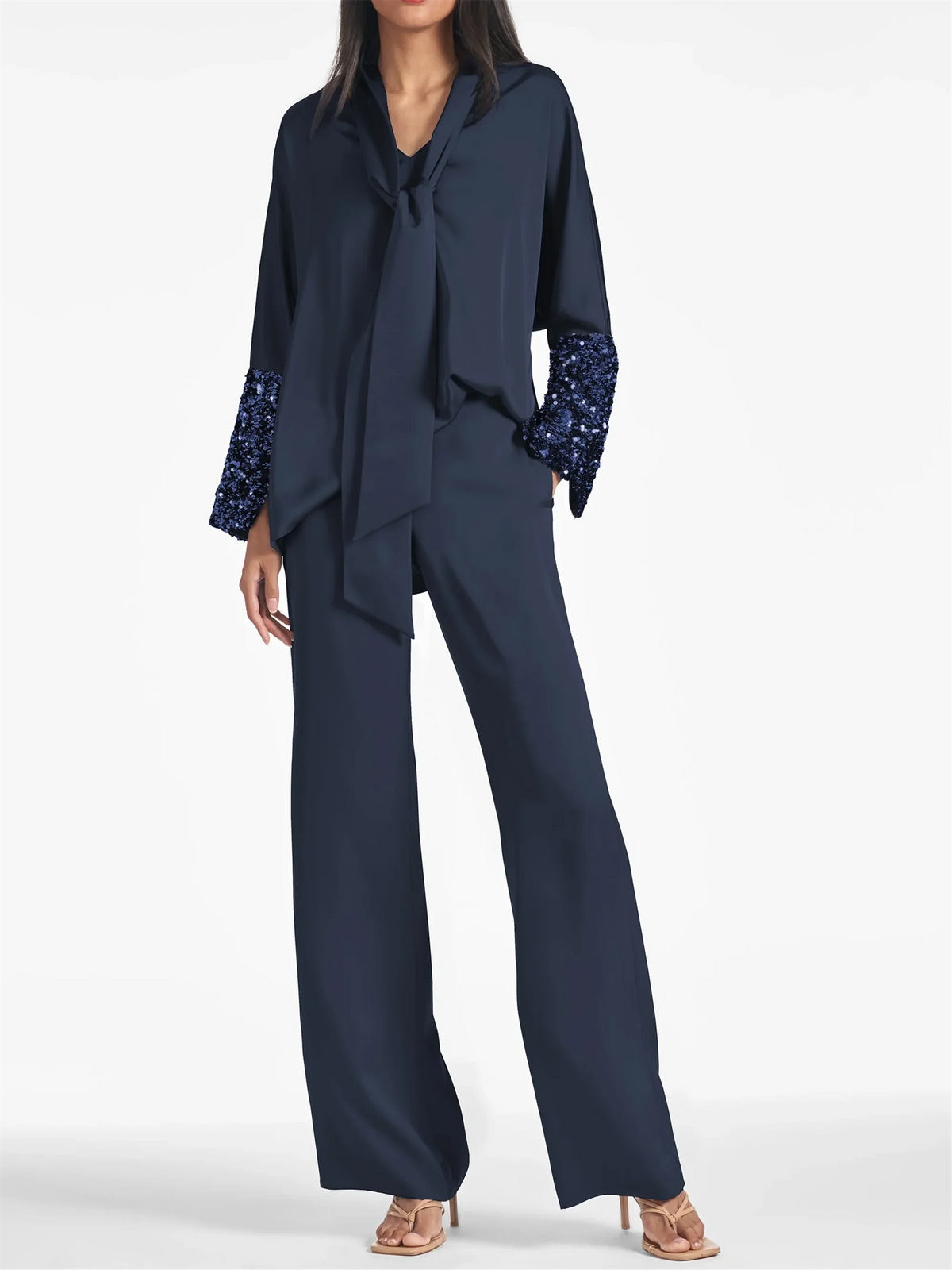 Completi pantalone a maniche lunghe per madre della sposa con paillettes