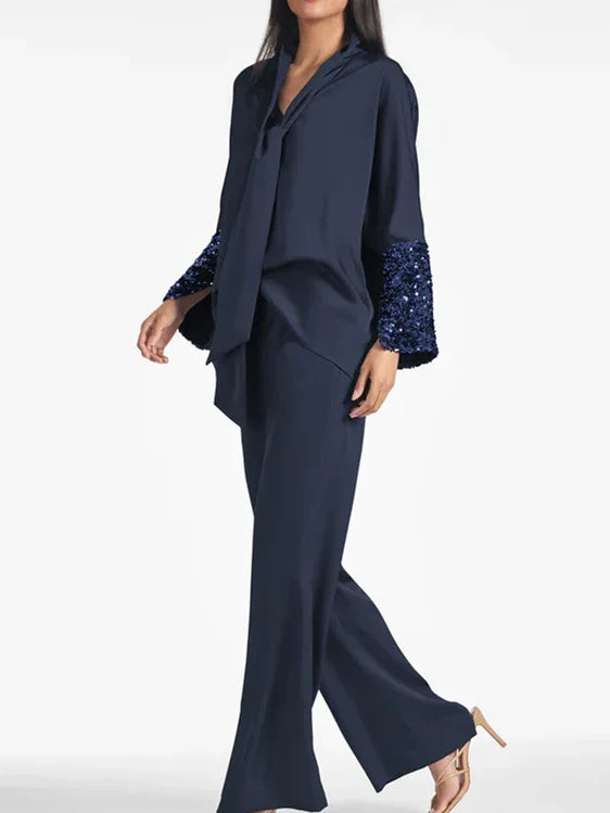 Completi pantalone a maniche lunghe per madre della sposa con paillettes
