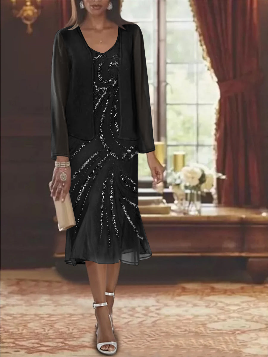 2-Piece V-Neck Chiffon Mother of the Bride Dress Set with Knee-Length Jacket and Sequins