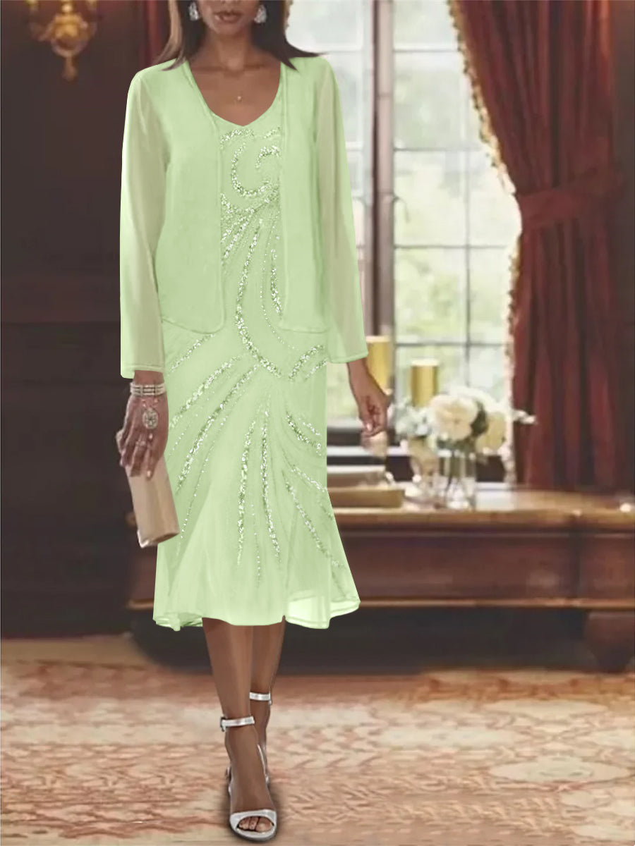 2-Piece V-Neck Chiffon Mother of the Bride Dress Set with Knee-Length Jacket and Sequins
