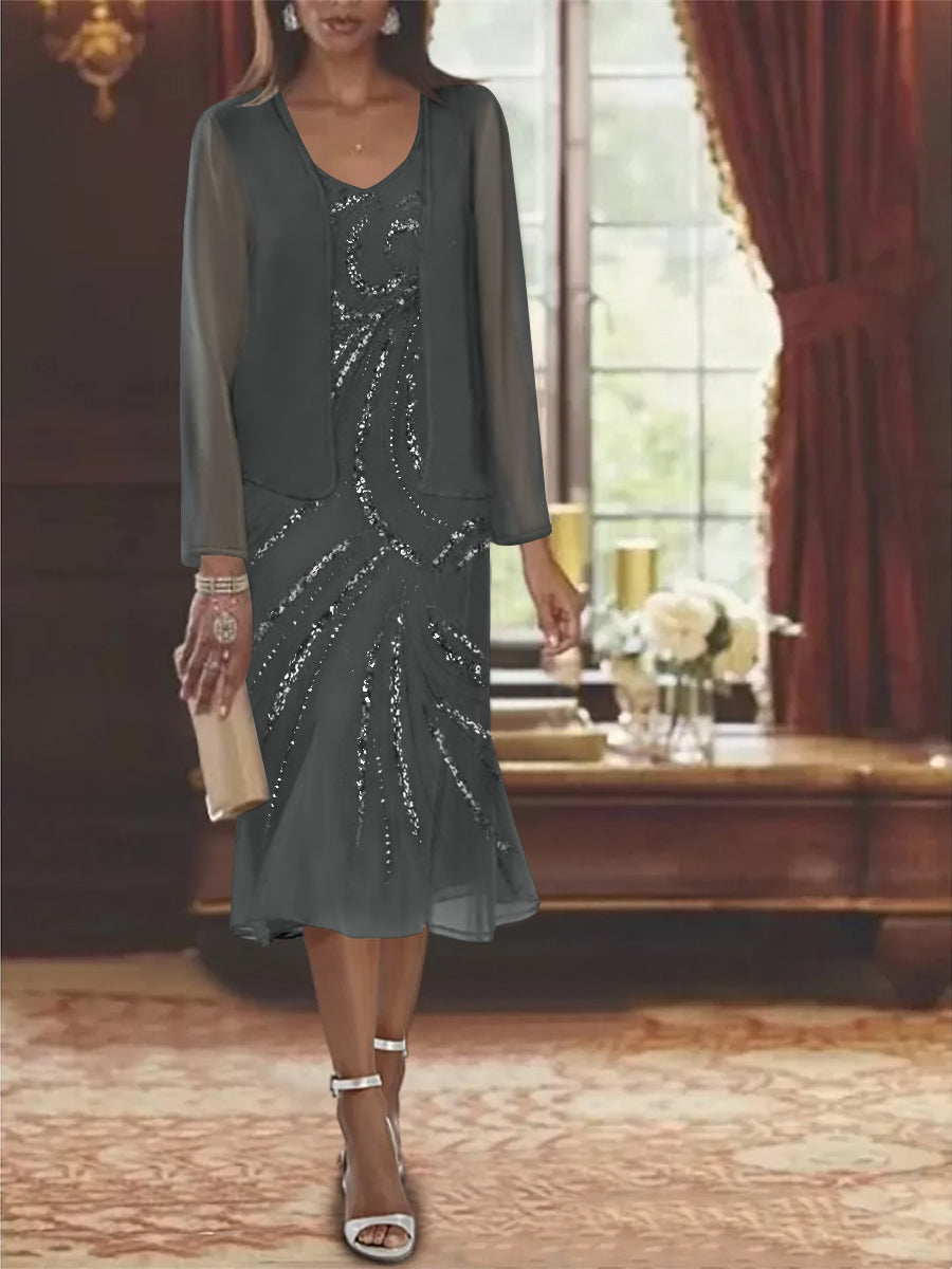 2-Piece V-Neck Chiffon Mother of the Bride Dress Set with Knee-Length Jacket and Sequins