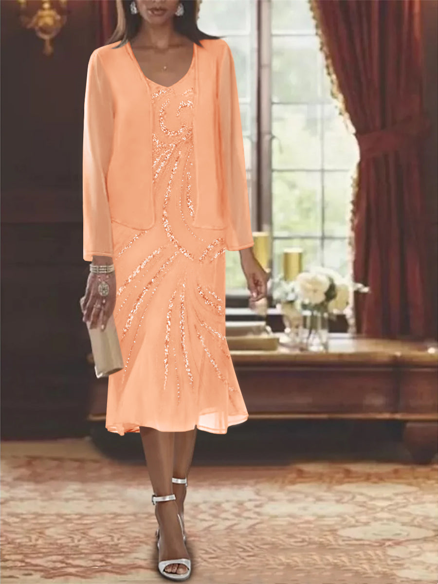2-Piece V-Neck Chiffon Mother of the Bride Dress Set with Knee-Length Jacket and Sequins