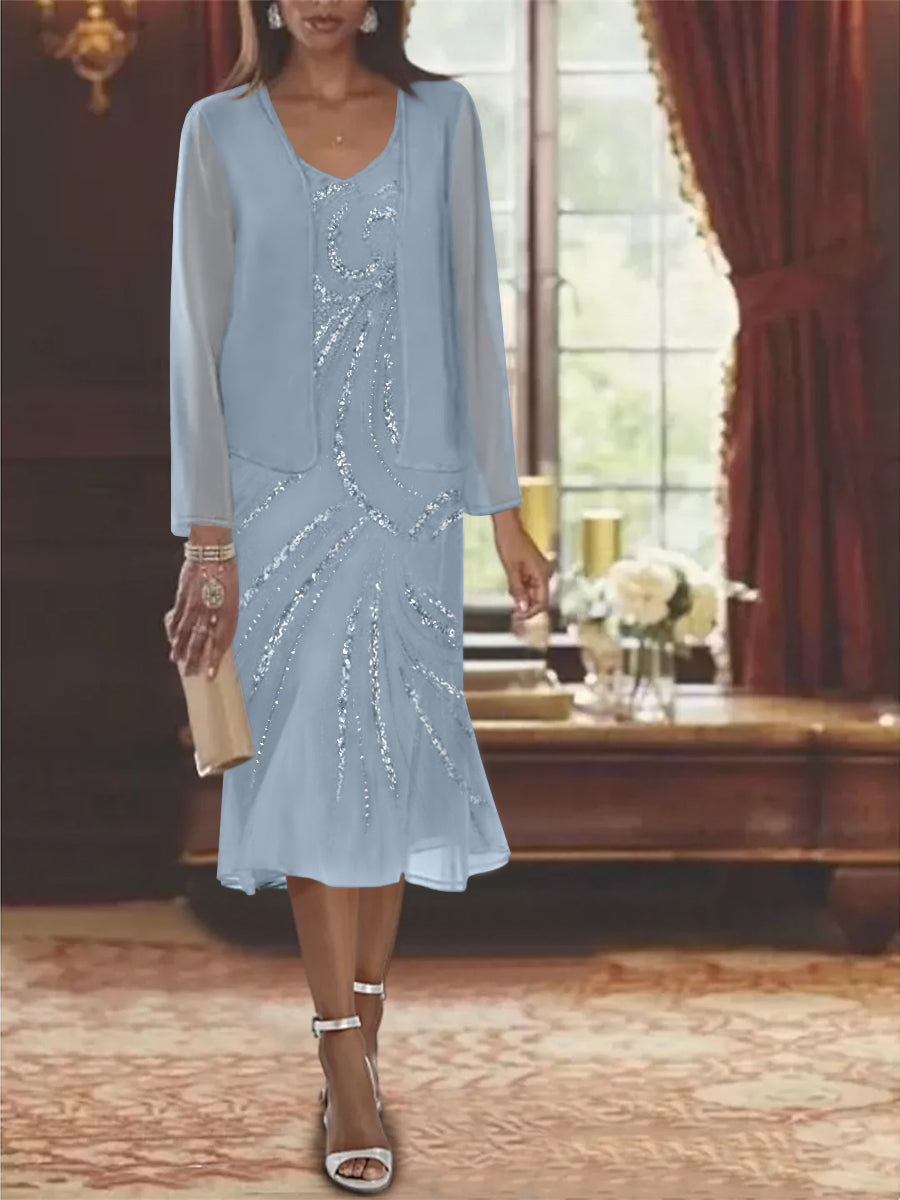 2-Piece V-Neck Chiffon Mother of the Bride Dress Set with Knee-Length Jacket and Sequins