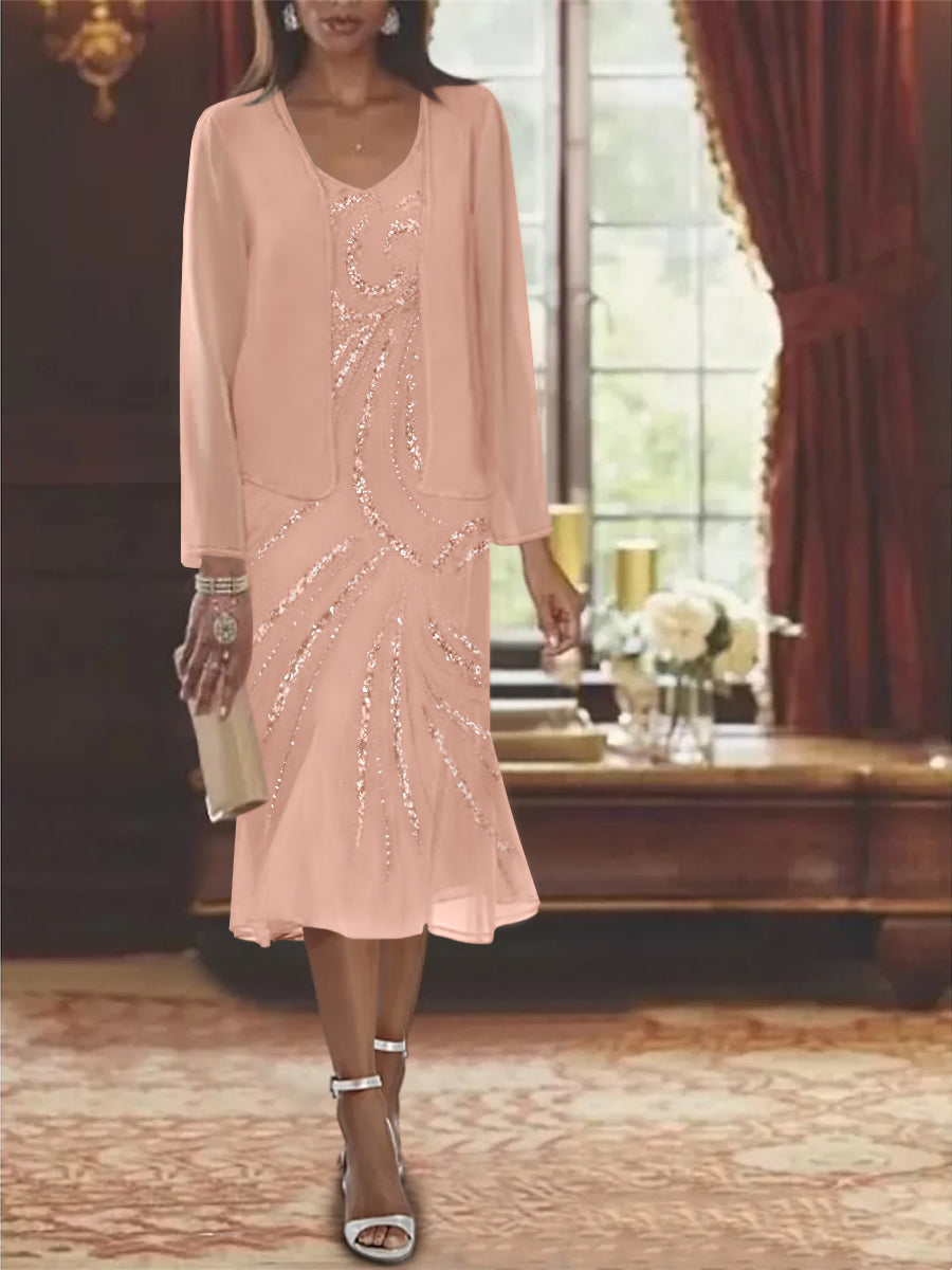 2-Piece V-Neck Chiffon Mother of the Bride Dress Set with Knee-Length Jacket and Sequins