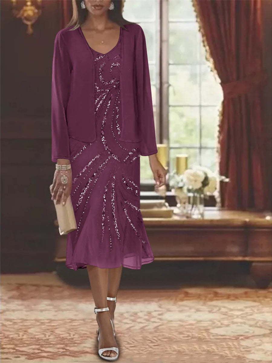 2-Piece V-Neck Chiffon Mother of the Bride Dress Set with Knee-Length Jacket and Sequins