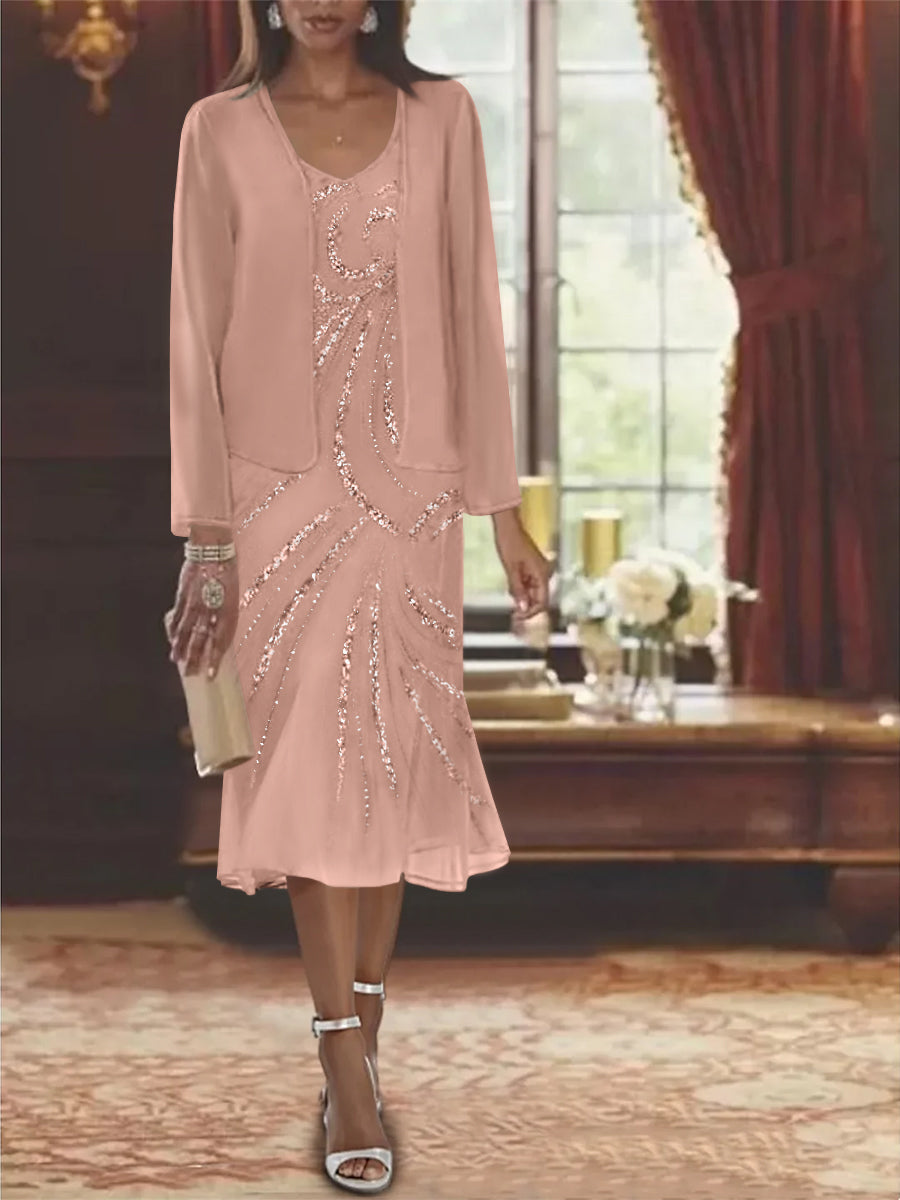 2-Piece V-Neck Chiffon Mother of the Bride Dress Set with Knee-Length Jacket and Sequins