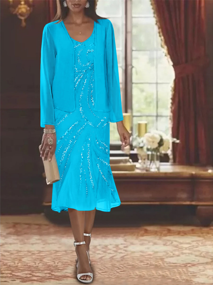 2-Piece V-Neck Chiffon Mother of the Bride Dress Set with Knee-Length Jacket and Sequins