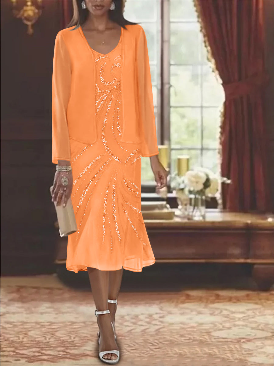 2-Piece V-Neck Chiffon Mother of the Bride Dress Set with Knee-Length Jacket and Sequins