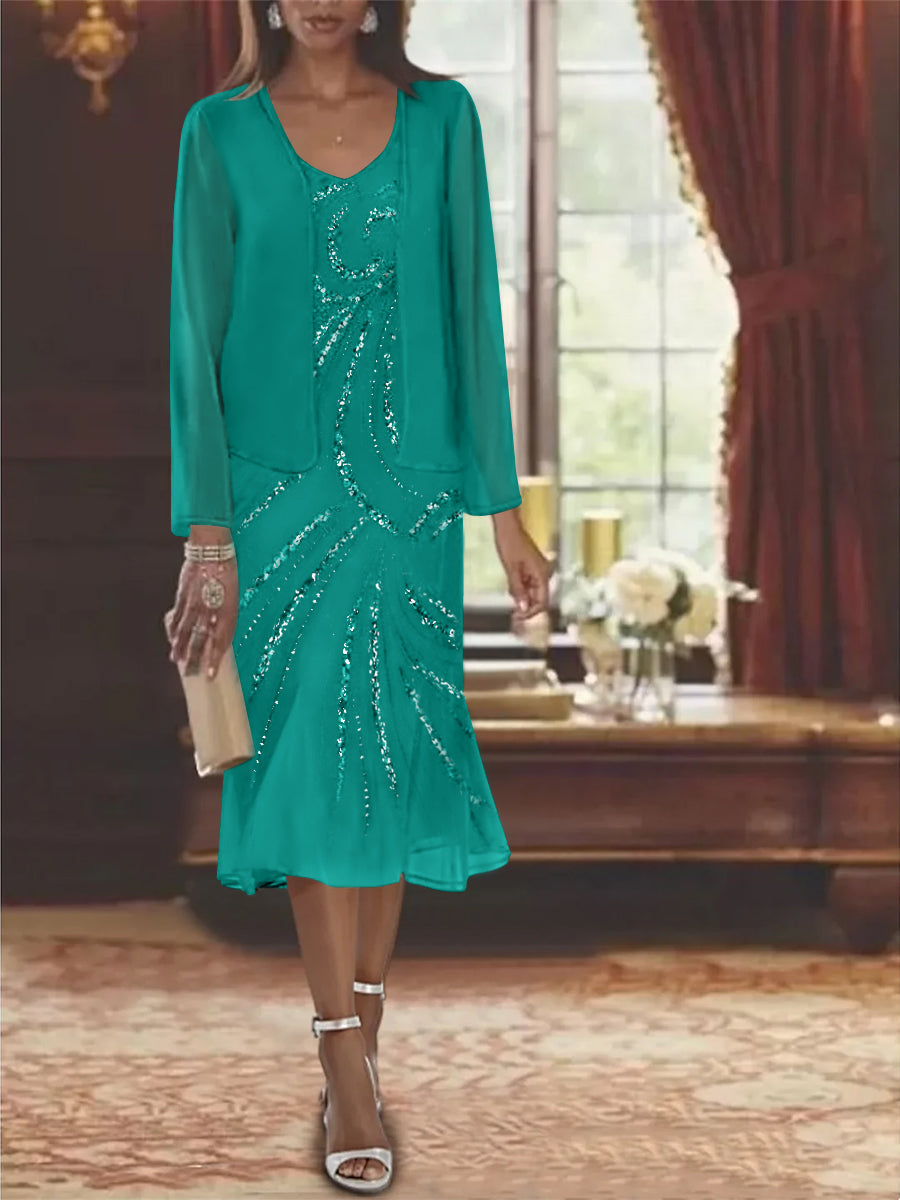 2-Piece V-Neck Chiffon Mother of the Bride Dress Set with Knee-Length Jacket and Sequins