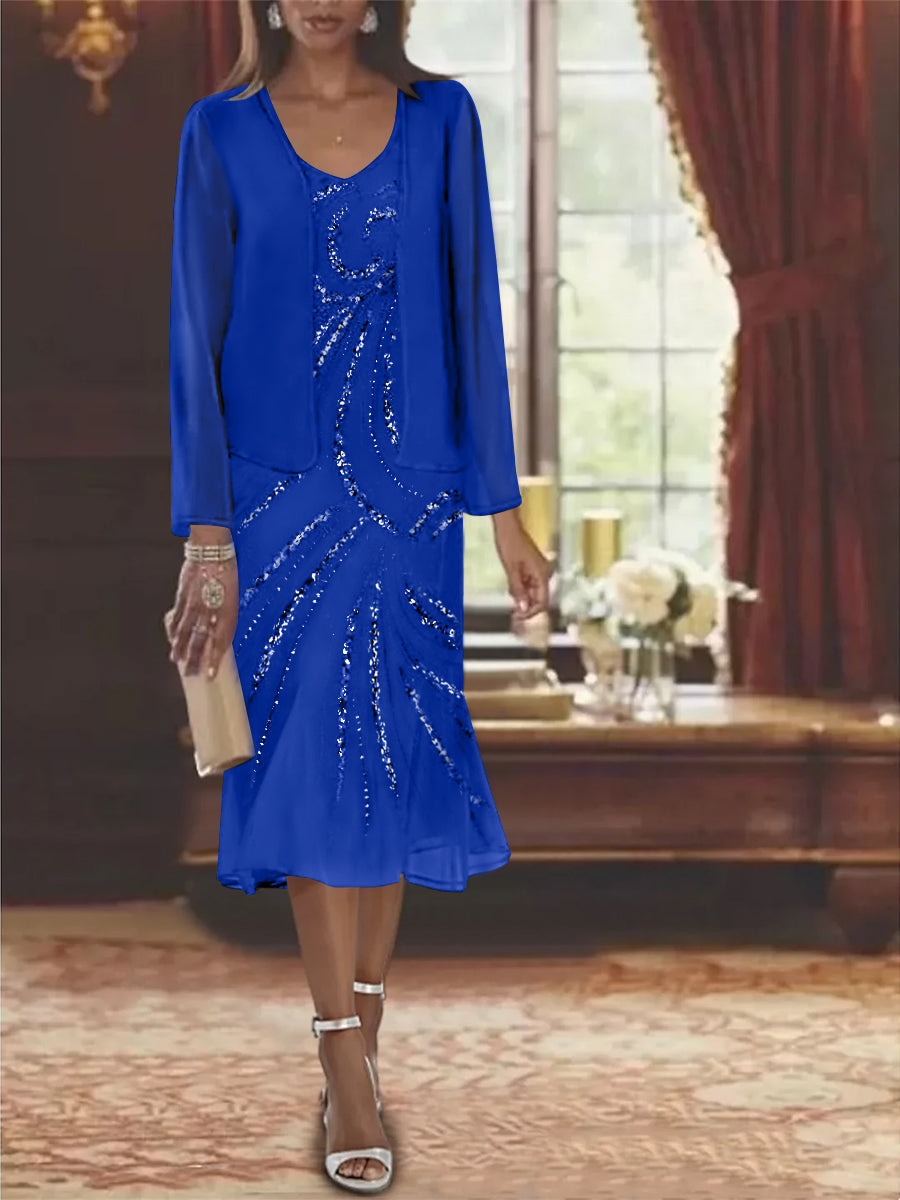 2-Piece V-Neck Chiffon Mother of the Bride Dress Set with Knee-Length Jacket and Sequins