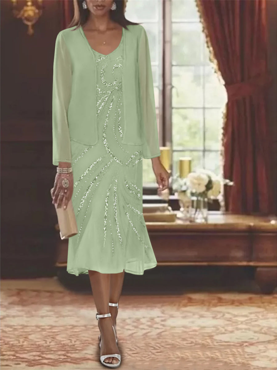 2-Piece V-Neck Chiffon Mother of the Bride Dress Set with Knee-Length Jacket and Sequins