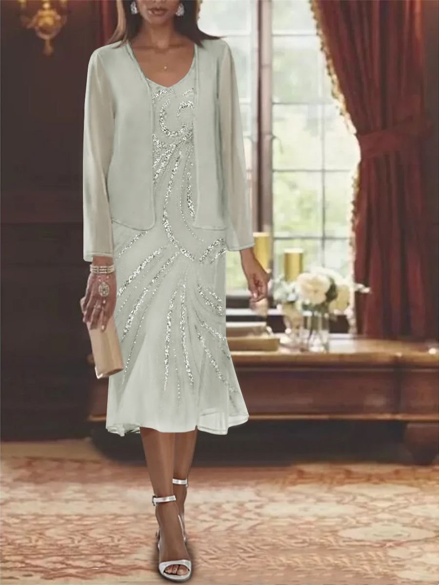 2-Piece V-Neck Chiffon Mother of the Bride Dress Set with Knee-Length Jacket and Sequins