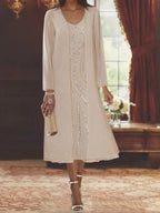 V-Neck Long-Sleeve Tea-Length Mother of the Bride Dress with Jacket and Sequins