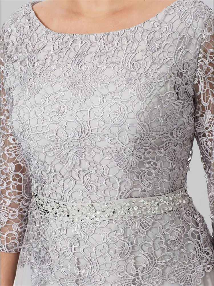 Floor Length A Line Gown Round Neck Three Quarter Sleeves Applique Sequins