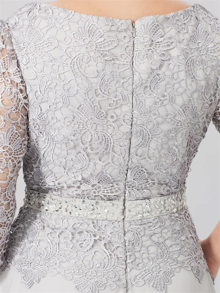 Floor Length A Line Gown Round Neck Three Quarter Sleeves Applique Sequins