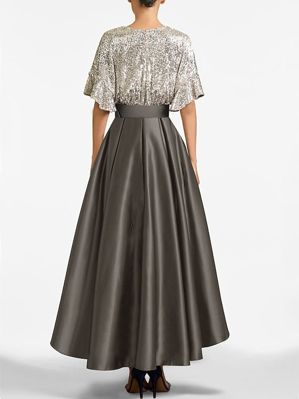 V Neck A Line Princess Mother Of The Bride Dress With Asymmetrical Half Sleeves
