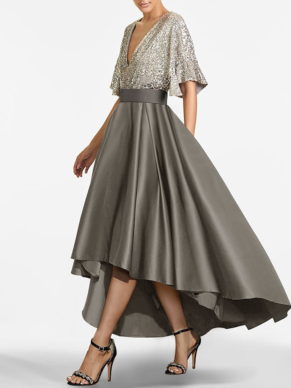 V Neck A Line Princess Mother Of The Bride Dress With Asymmetrical Half Sleeves