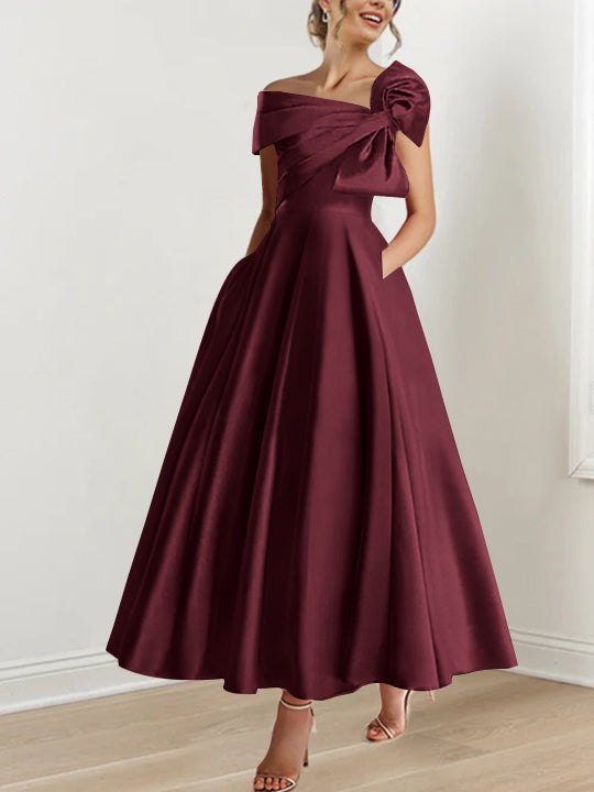 Off-the-Shoulder Sleeveless A-Line Princess Ankle-Length Mother of the Bride Dress with Bow(s)