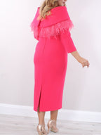 Tea Length Sheath Mother of the Bride Dress with Three Quarter Sleeves Feather