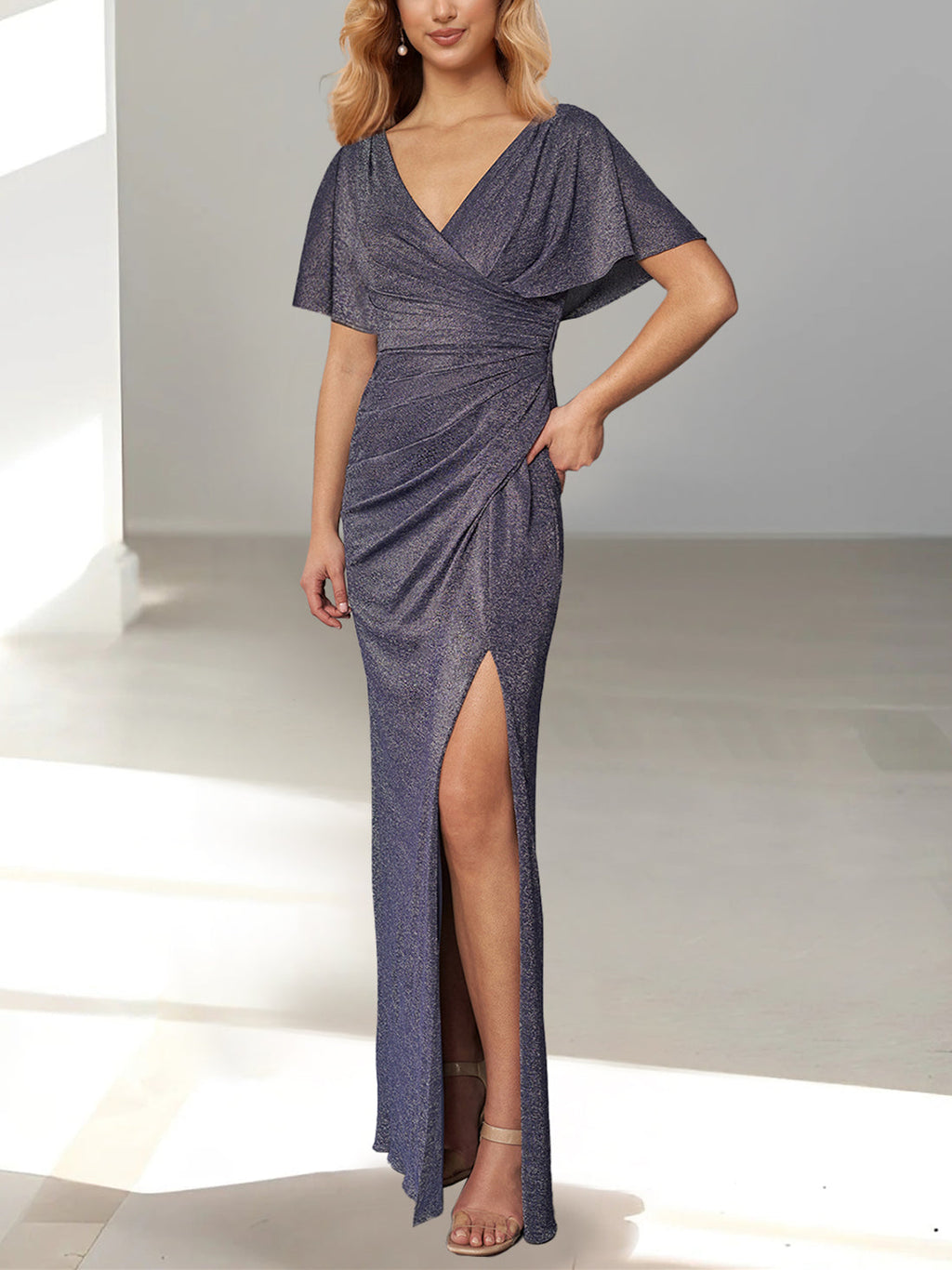 Floor Length Plunging Neck Mother Of The Bride Dress Draped Sleeve Side Split