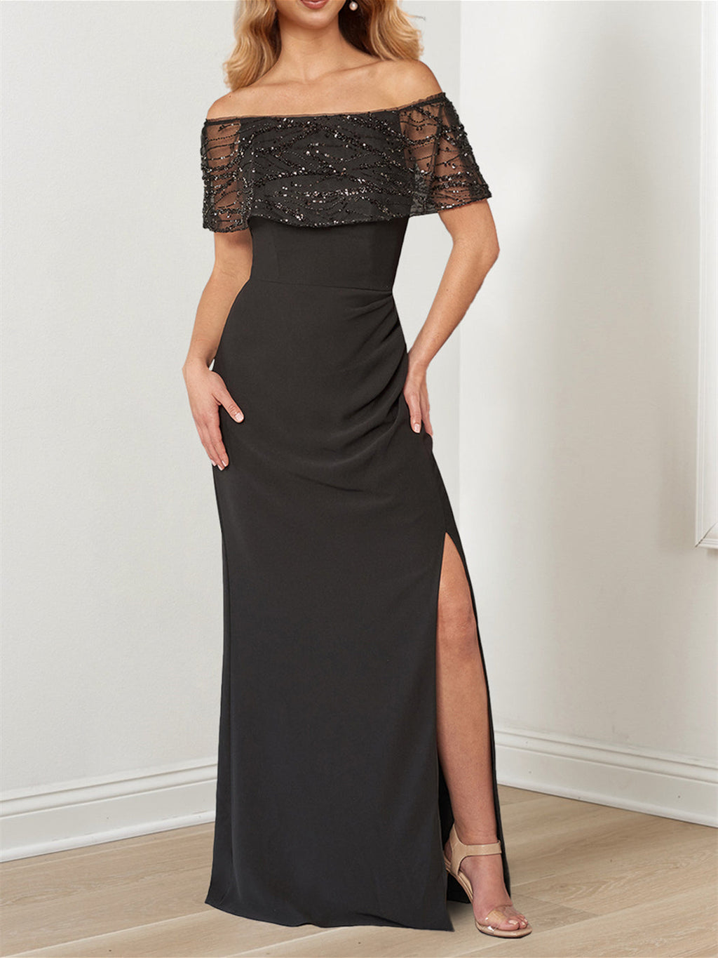 Vestido espumante linha até ao chão, vestido da mãe da noiva, decote retrato