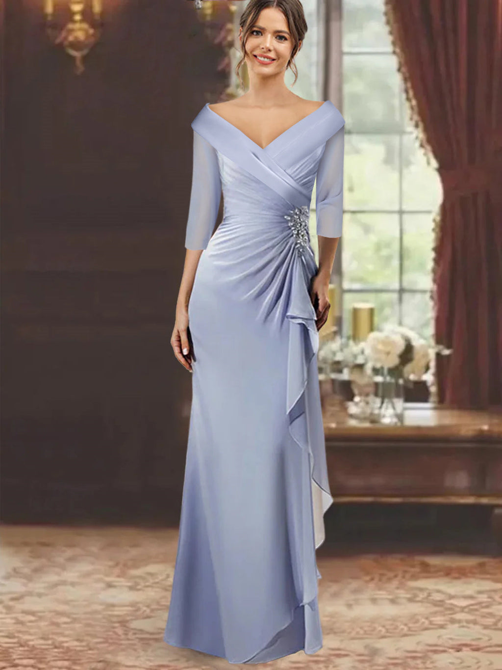 V-Neck Floor-Length Mother of the Bride Dress with Ruffles and Appliques Half Sleeves