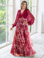 Floor-Length Floral Mother of the Bride Princess V-Neck A-Line Dress With Long Sleeves and Flower