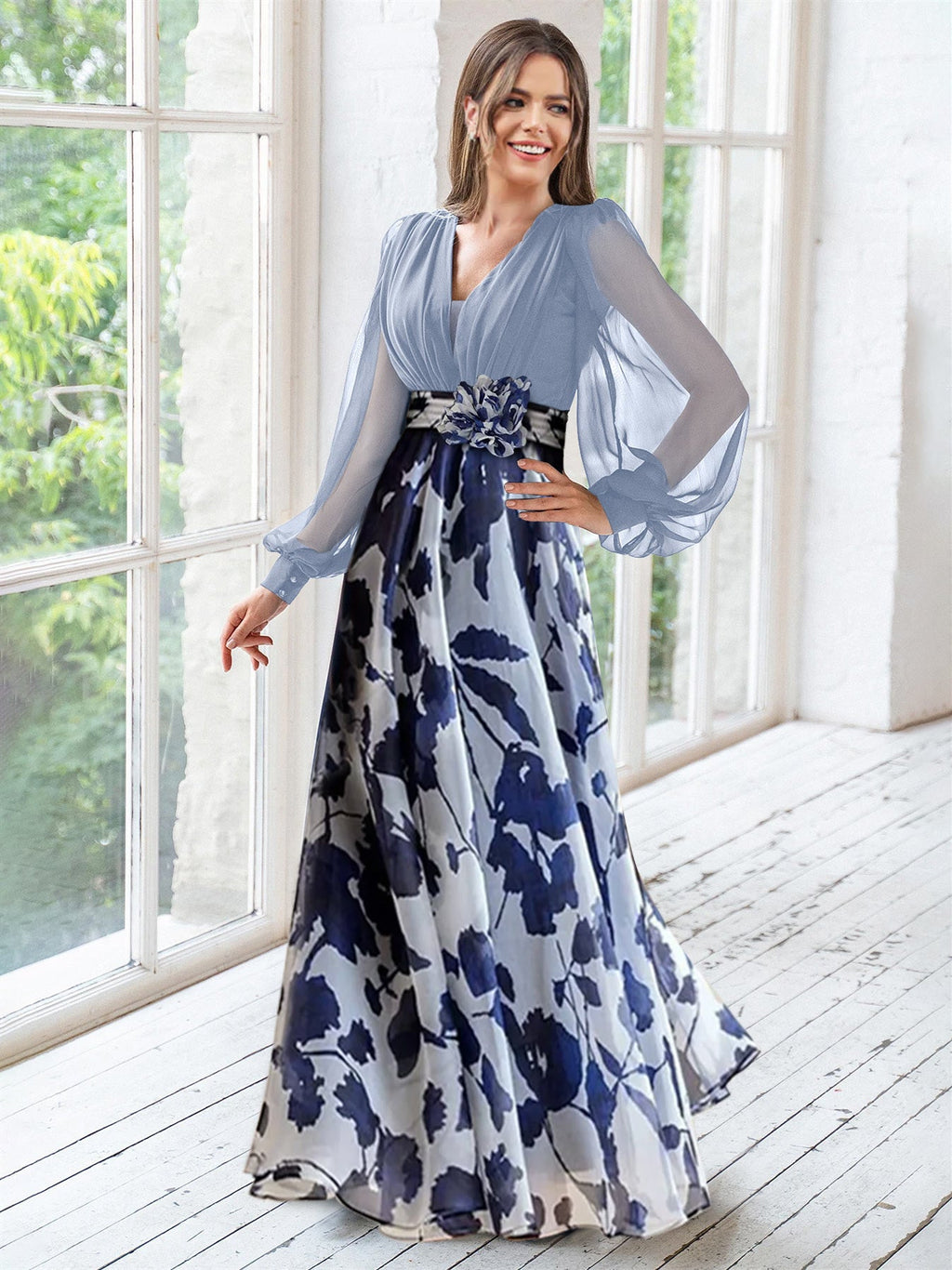 Floor-Length Floral Mother of the Bride Princess V-Neck A-Line Dress With Long Sleeves and Flower