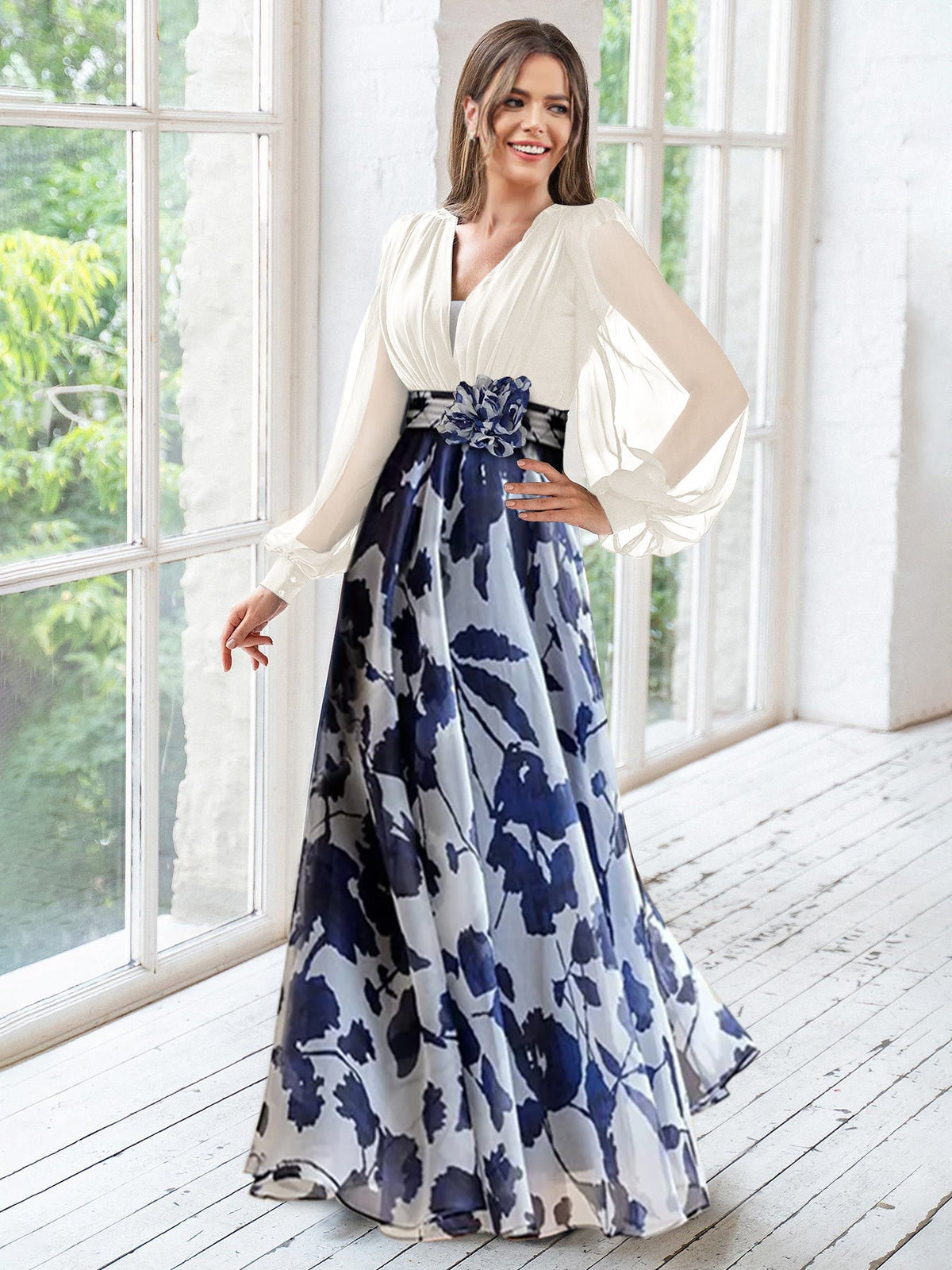 Floor-Length Floral Mother of the Bride Princess V-Neck A-Line Dress With Long Sleeves and Flower