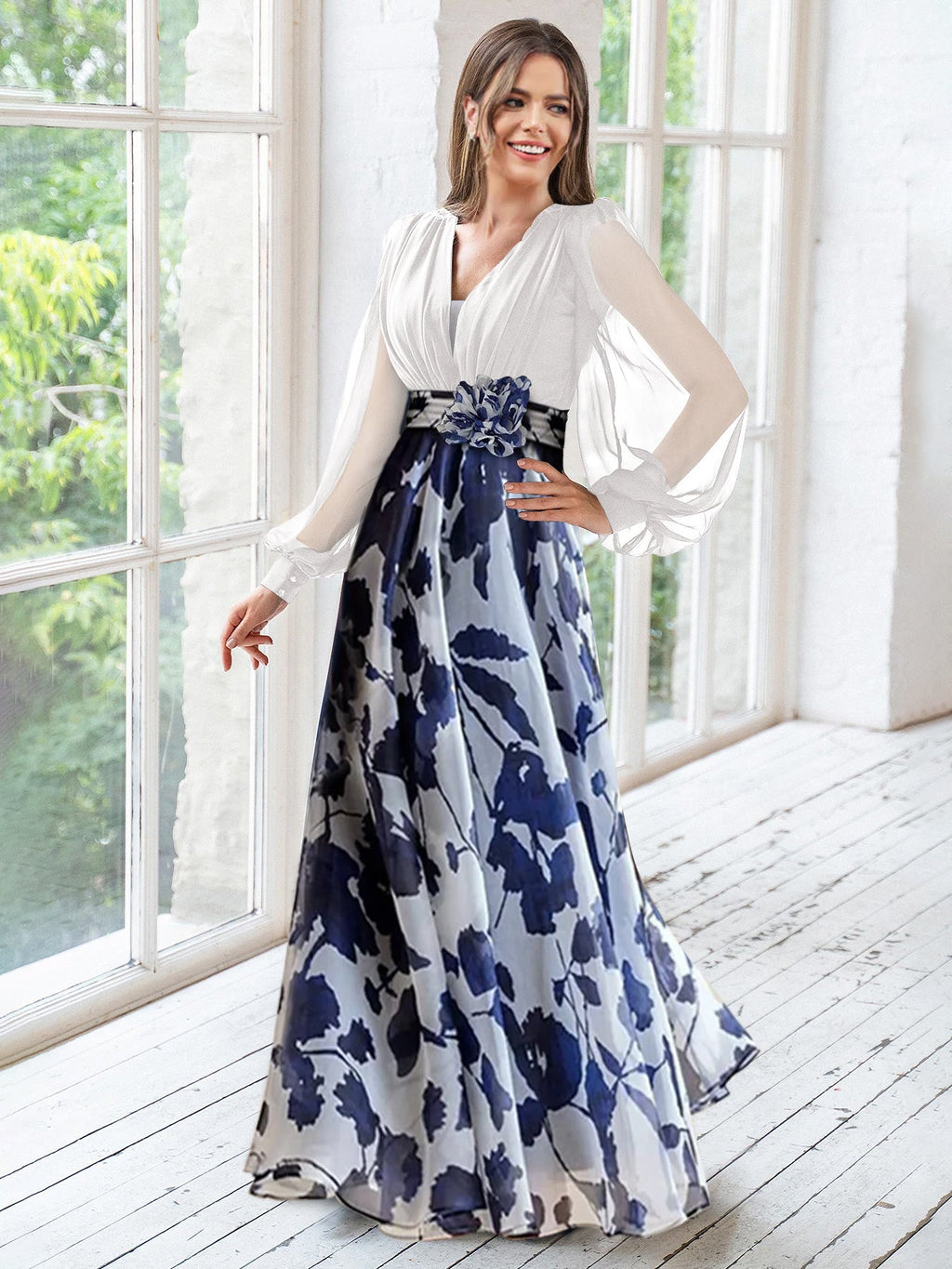 Floor-Length Floral Mother of the Bride Princess V-Neck A-Line Dress With Long Sleeves and Flower