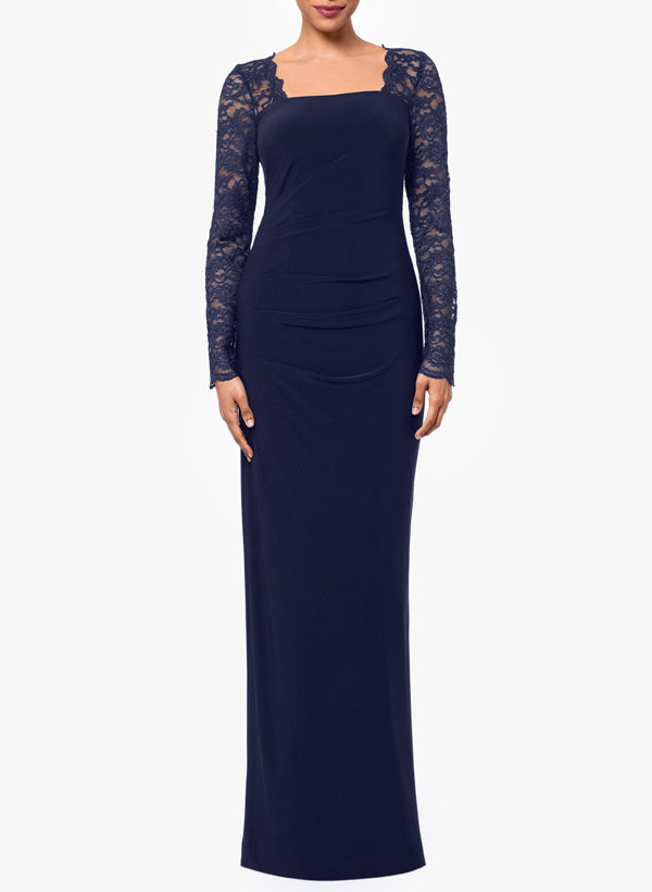 Vestido nupcial do jérsei do comprimento do assoalho com luvas longas e laço do pescoço quadrado