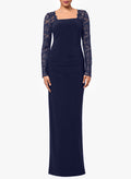 Vestido nupcial do jérsei do comprimento do assoalho com luvas longas e laço do pescoço quadrado