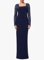 Vestido nupcial do jérsei do comprimento do assoalho com luvas longas e laço do pescoço quadrado