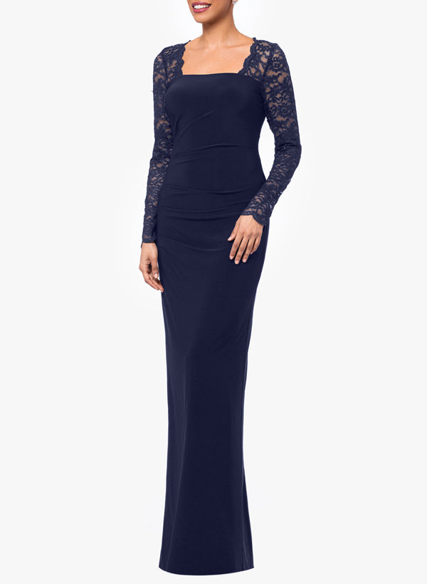 Vestido nupcial do jérsei do comprimento do assoalho com luvas longas e laço do pescoço quadrado