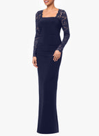 Vestido nupcial do jérsei do comprimento do assoalho com luvas longas e laço do pescoço quadrado