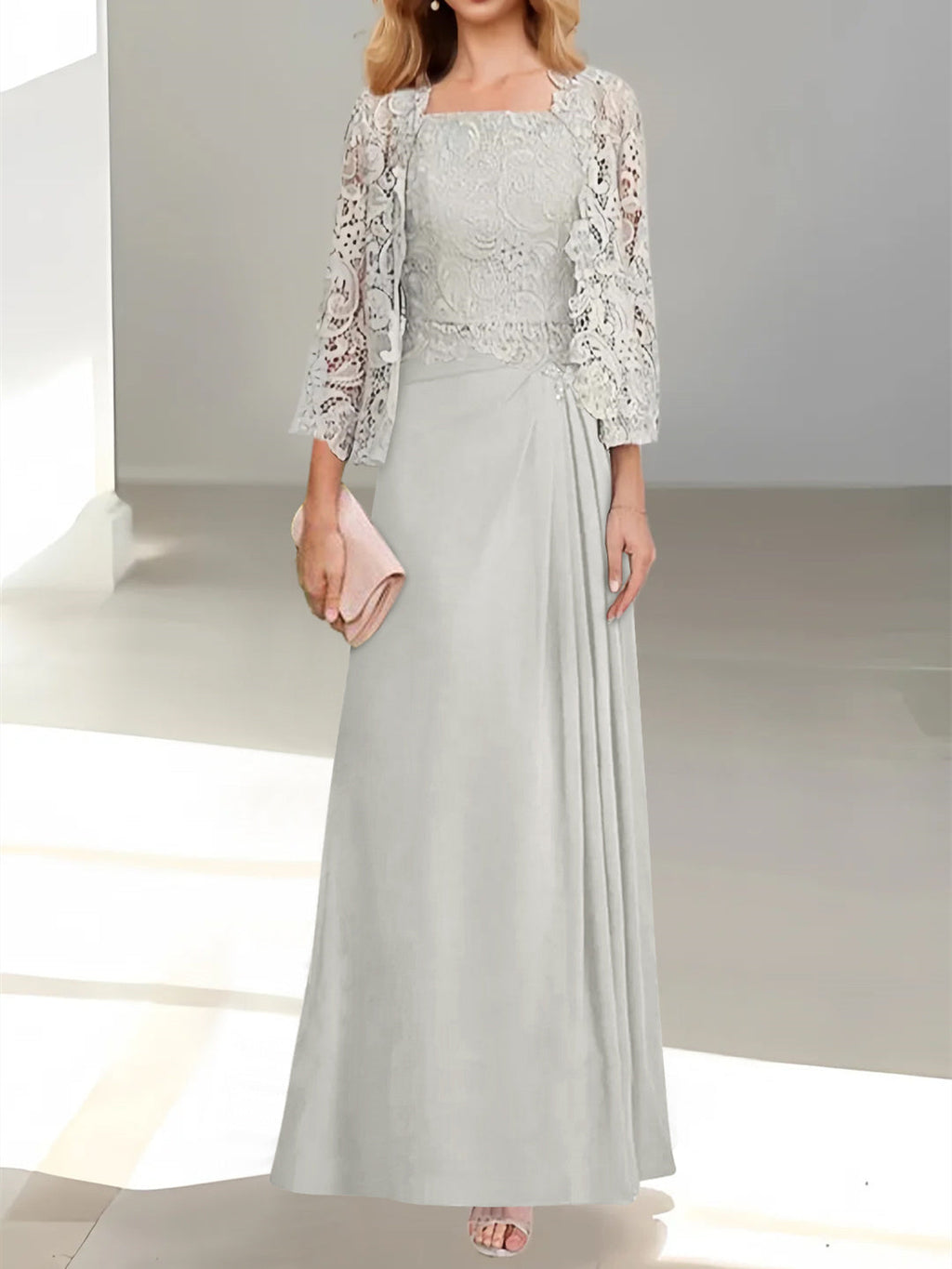 2 A-Line/Princess Scoop Mother of the Bride Dresses with Pleated & Lace Appliques Floor-Length