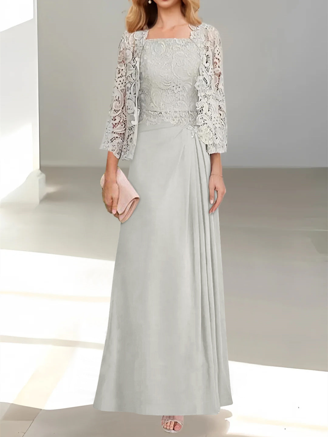 2 A-Line/Princess Scoop Mother of the Bride Dresses with Pleated & Lace Appliques Floor-Length