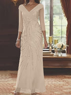V-Neck 3/4 Sleeve Floor-Length Sequined Mother of the Bride Sheath Dress
