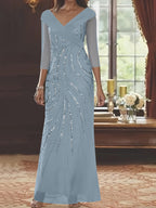 V-Neck 3/4 Sleeve Floor-Length Sequined Mother of the Bride Sheath Dress