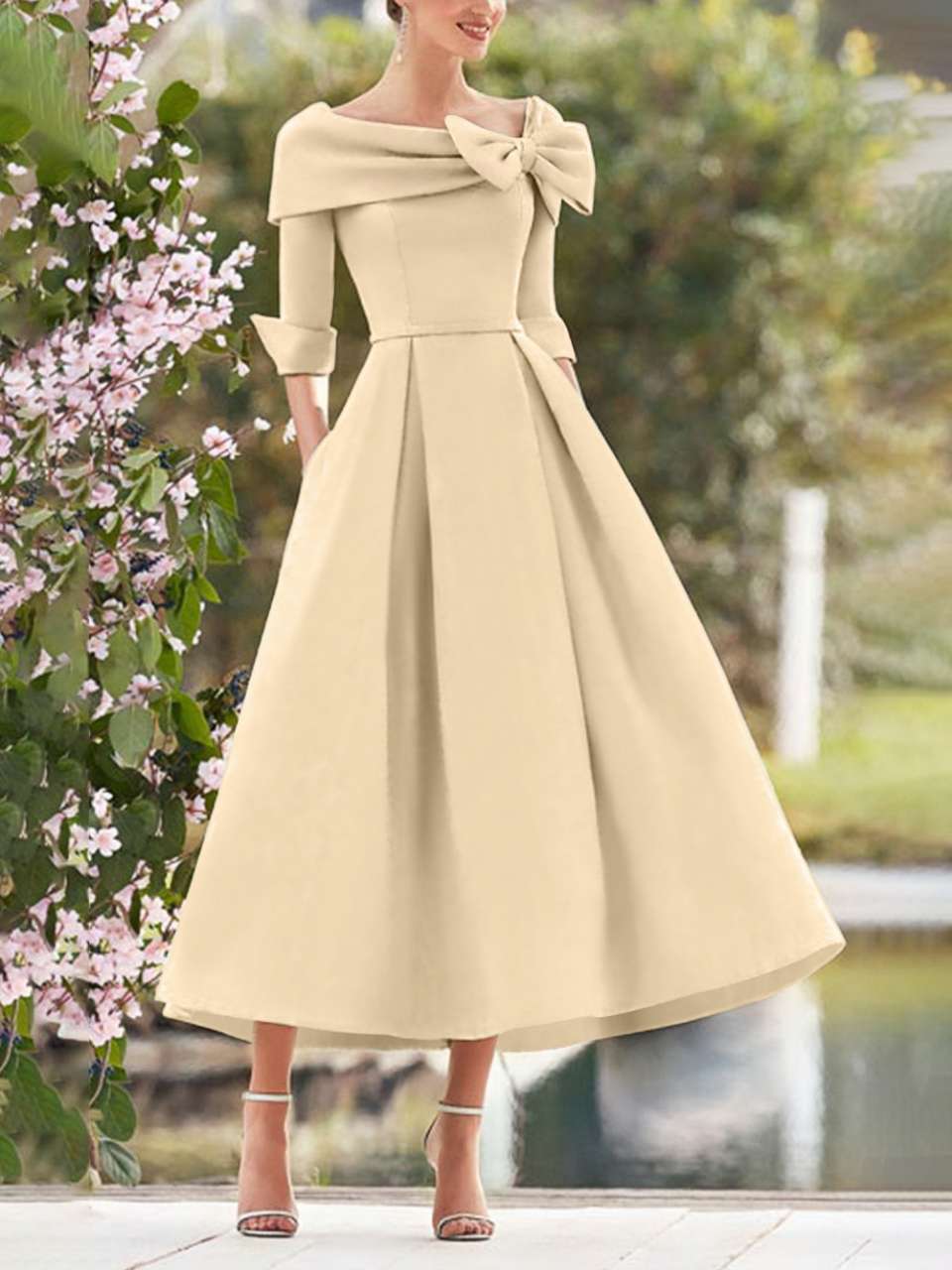 A Line Dress With Cowl Neck And Bows For Moms Three Quarter Sleeves Tea Length