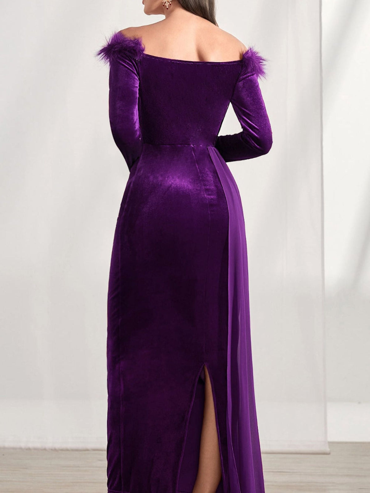 Off Shoulder Long Sleeve Sheath Dress With Feather For Mother Of The Bride