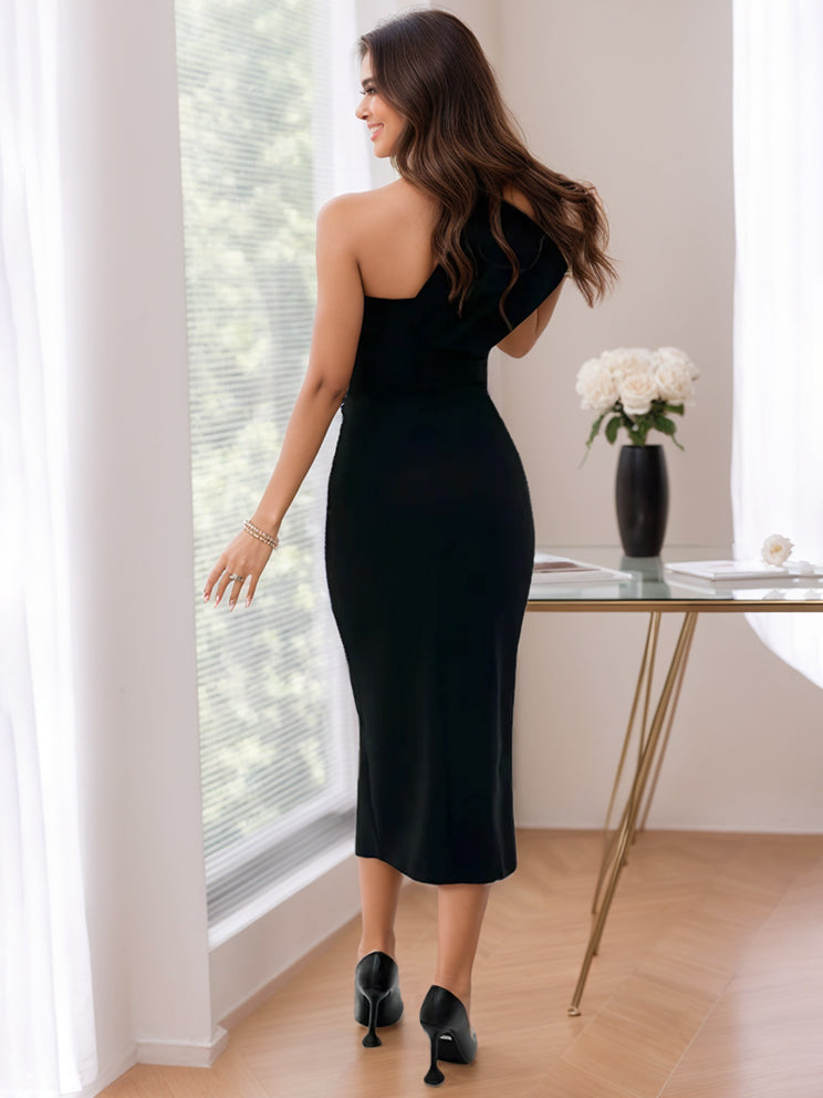 One Shoulder Tea Length Mother Of The Bride Dress With Side Split Bow Details