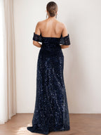 Off The Shoulder Sequined Mother Of The Bride And Groom Dress Front Split