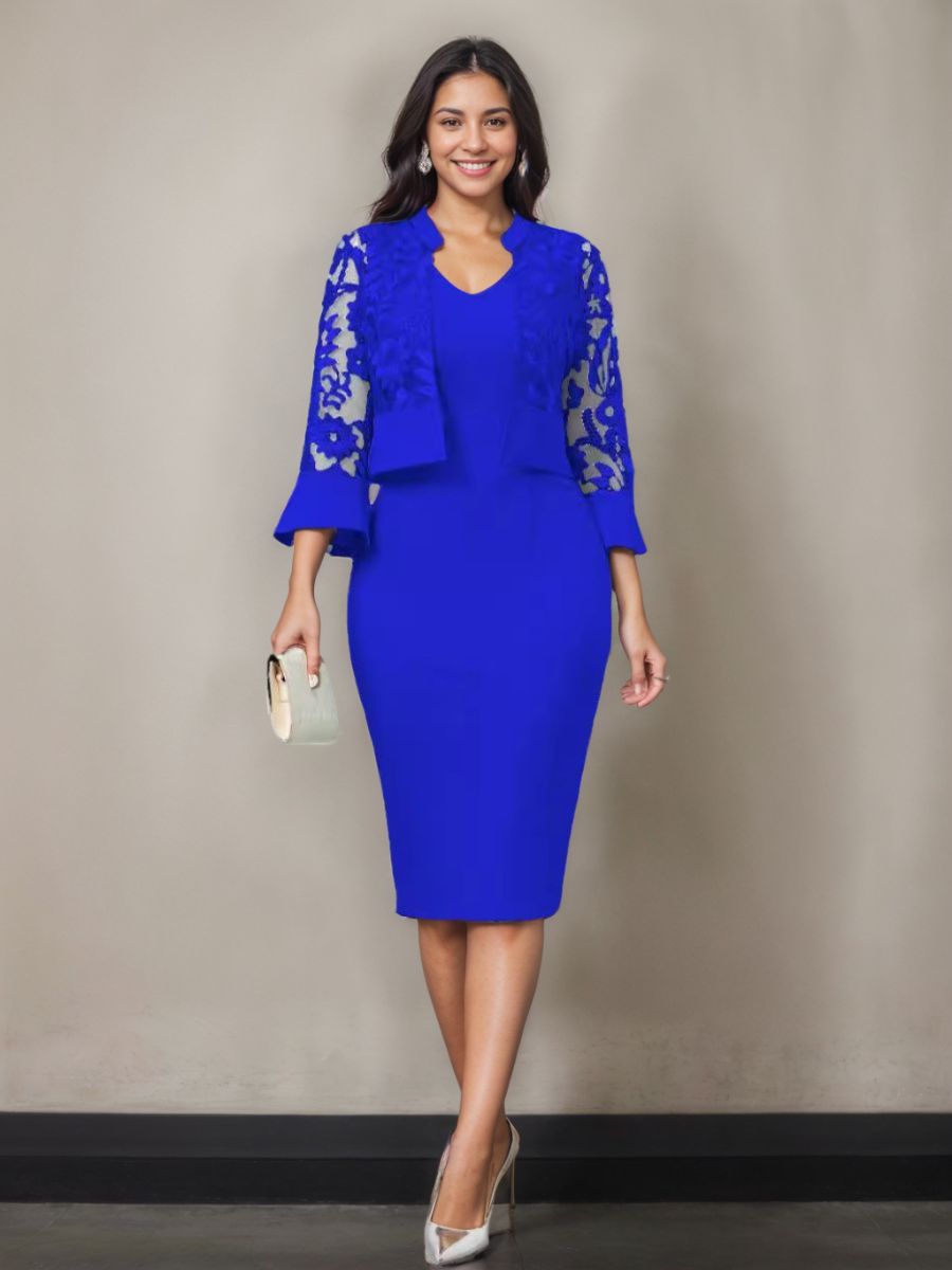 V-Neck Tea-Length Mother of the Bride Dress with Appliques and Jacket