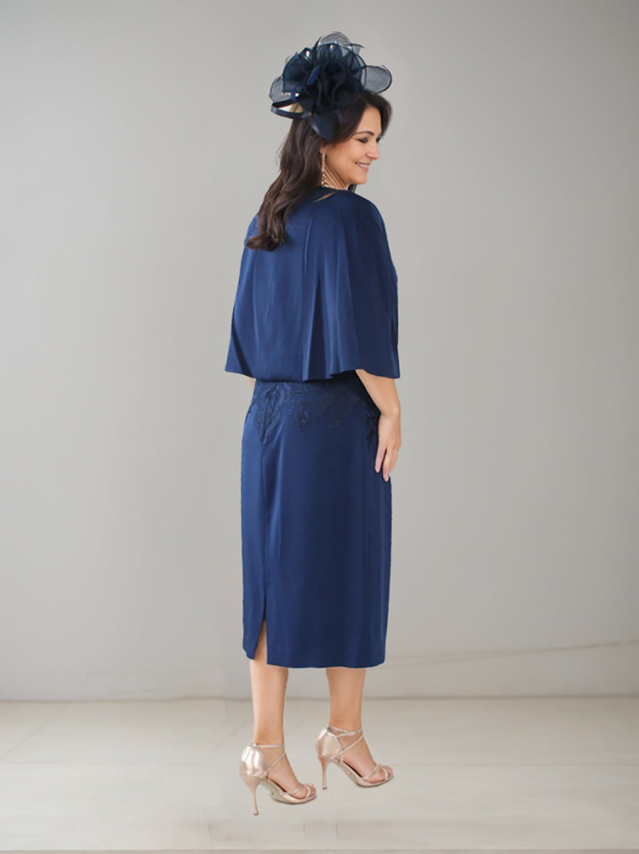 Vestido plus size com decote em V comprimento chá mãe da noiva com strass