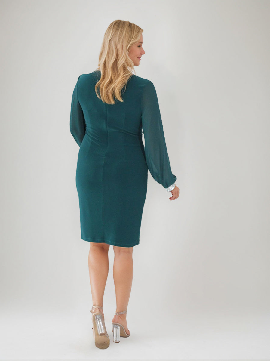 V Neck Ruched Knee Length Plus Size Mother Of The Bride Sheath Dress Rhinestone