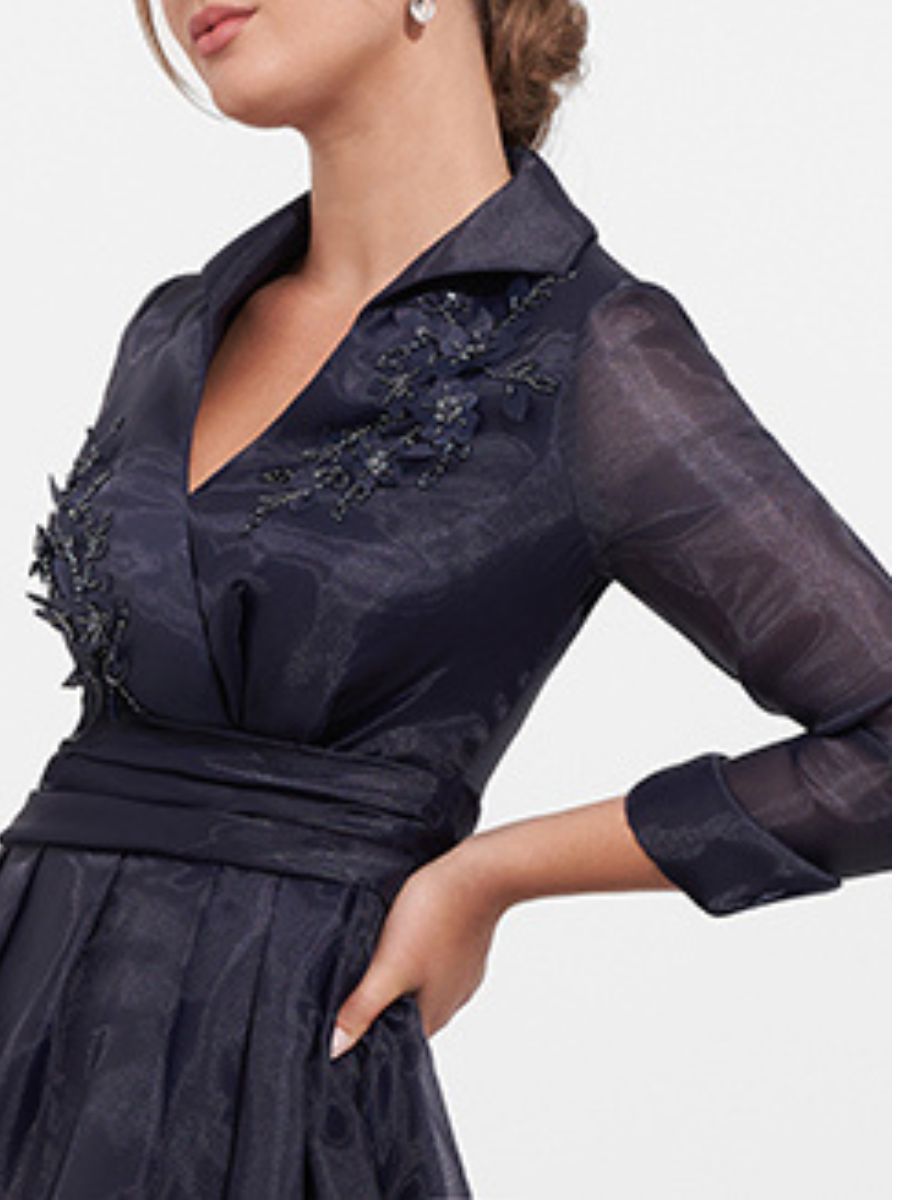 Floor Length A Line Mother Of The Bride Dress V Neck Sleeves Appliques Side Slit