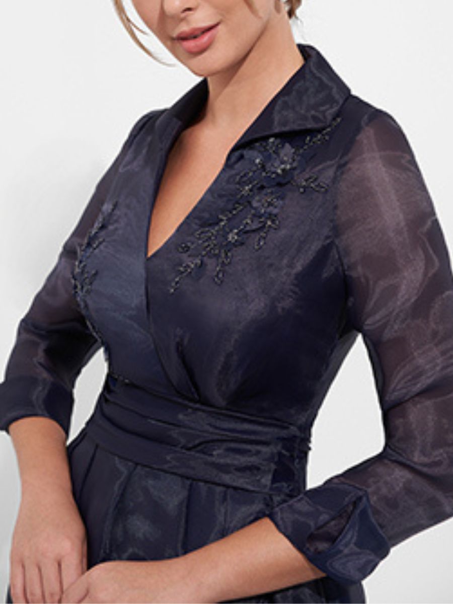 Floor Length A Line Mother Of The Bride Dress V Neck Sleeves Appliques Side Slit