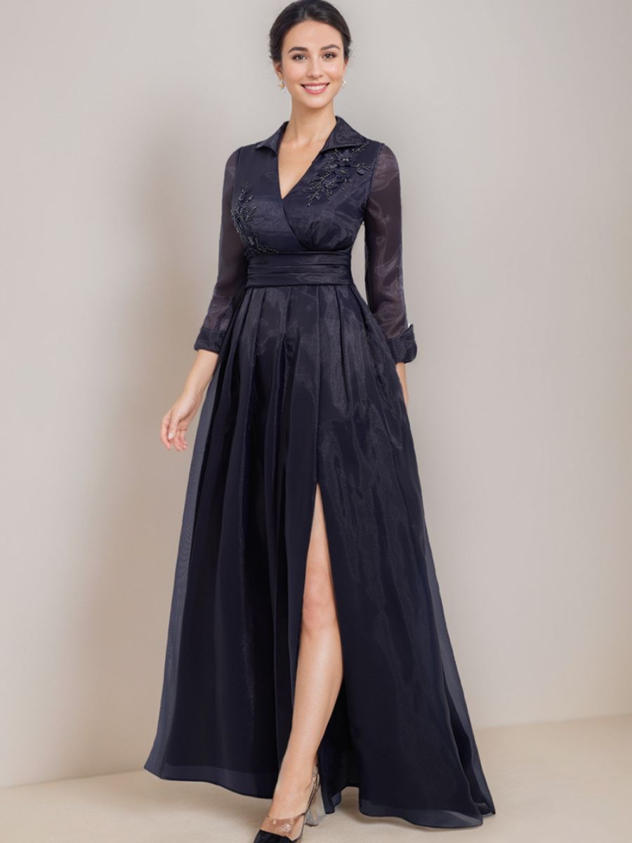 Floor Length A Line Mother Of The Bride Dress V Neck Sleeves Appliques Side Slit