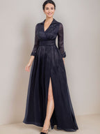 Floor Length A Line Mother Of The Bride Dress V Neck Sleeves Appliques Side Slit